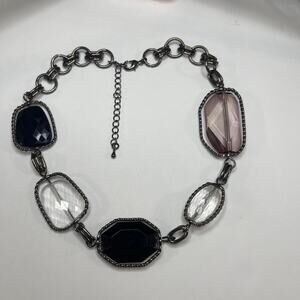 chunky chain link necklace black gray clear faux jewels in silver tone setting